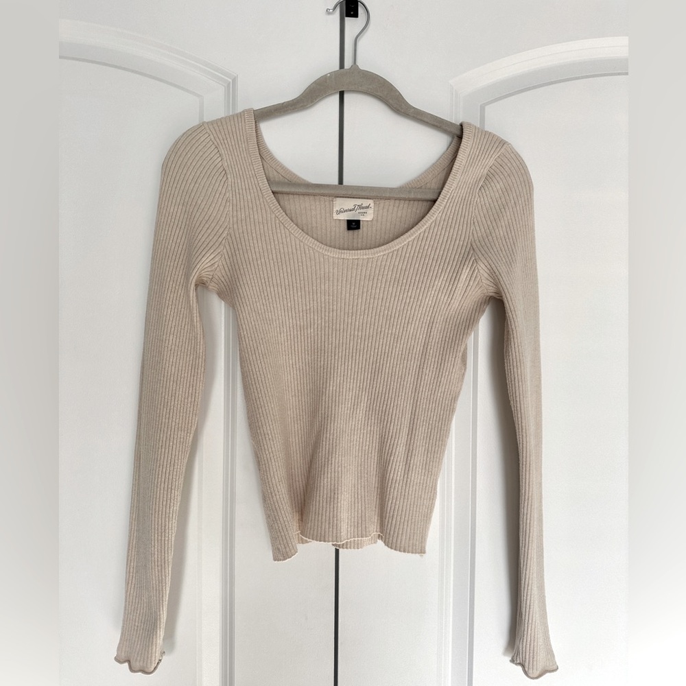 Universal Thread Scoop Neck Ribbed Sweater Long Sleeve Top Medium Cream Biege